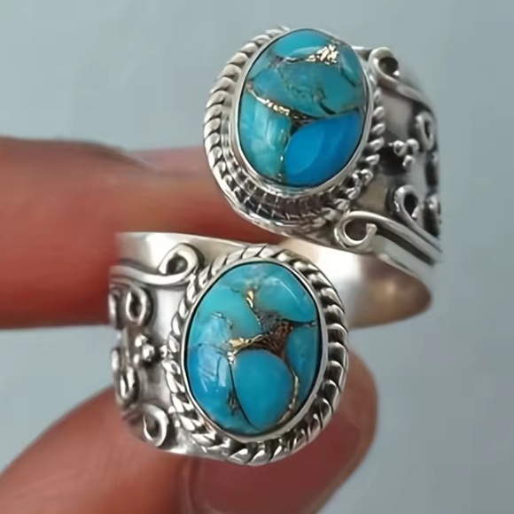 Vintage Turquoise Stone Silver Boho Style Ring - Picture 2 of 7